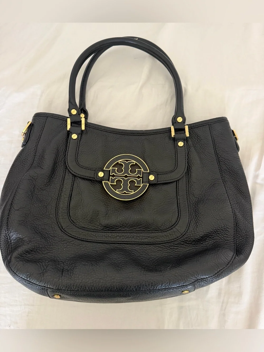 Tory Burch Black Leather Shoulder Tote with Gold Logo